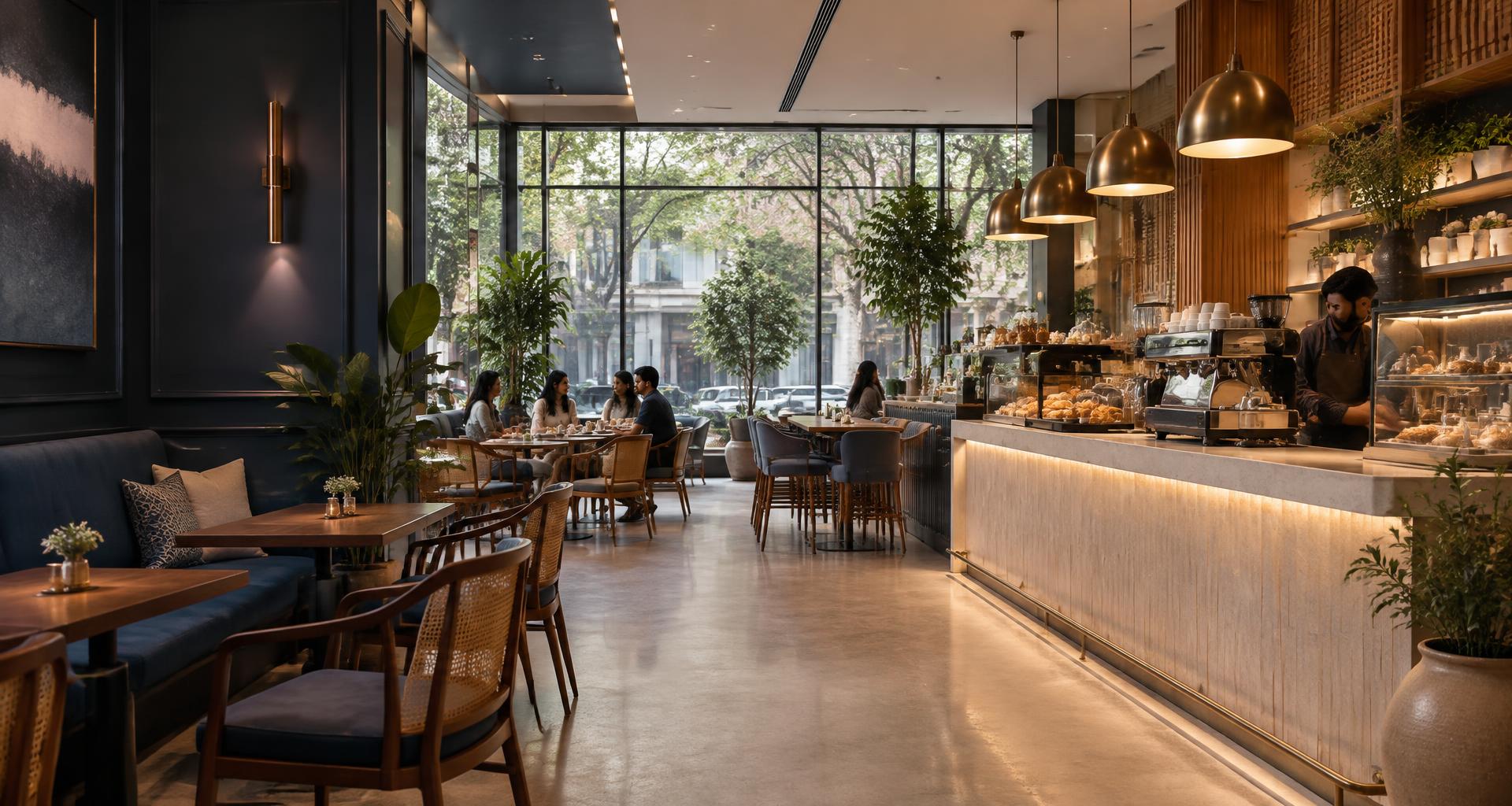 An inviting contemporary cafe interior, illustrative F&B business imagery